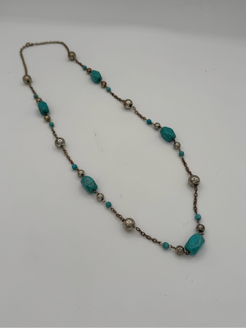 Southwestern Turquoise Howlite and Silver Bead Station Necklace - Picture 2 of 3